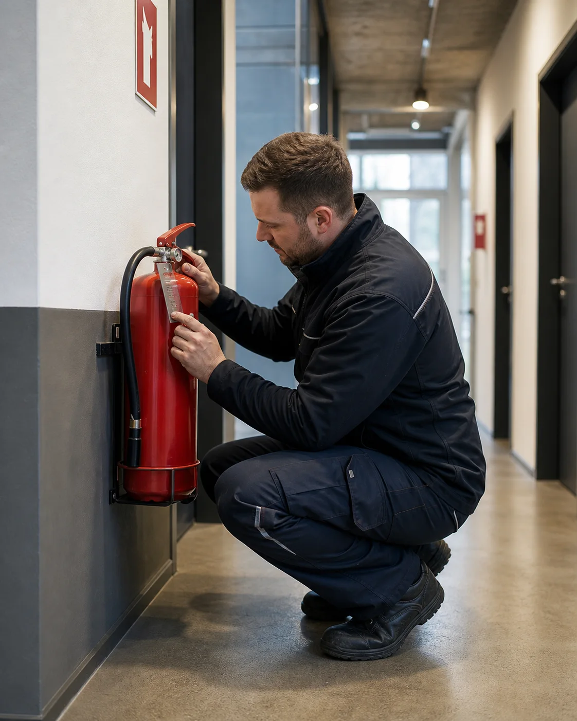 Techniker prüft einen Feuerlöscher bei der Sachkundigenprüfung