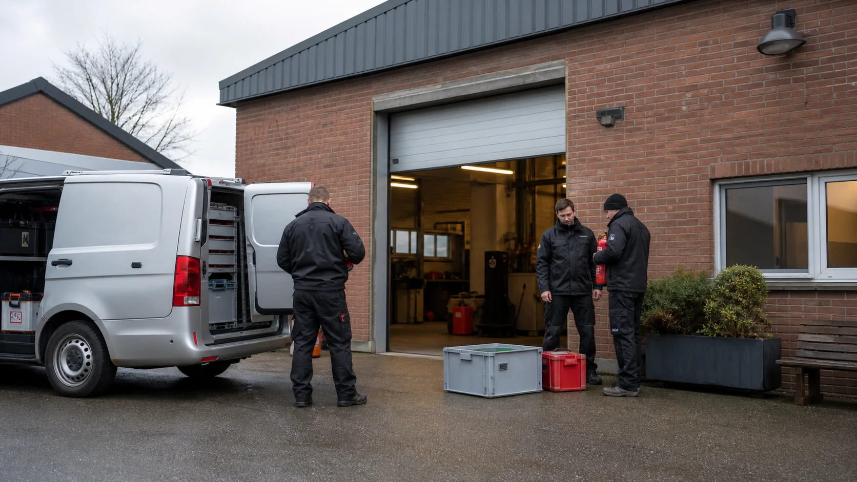 Servicetechniker bereiten Einsatzmaterial vor einer kleinen Brandschutz-Werkstatt vor.