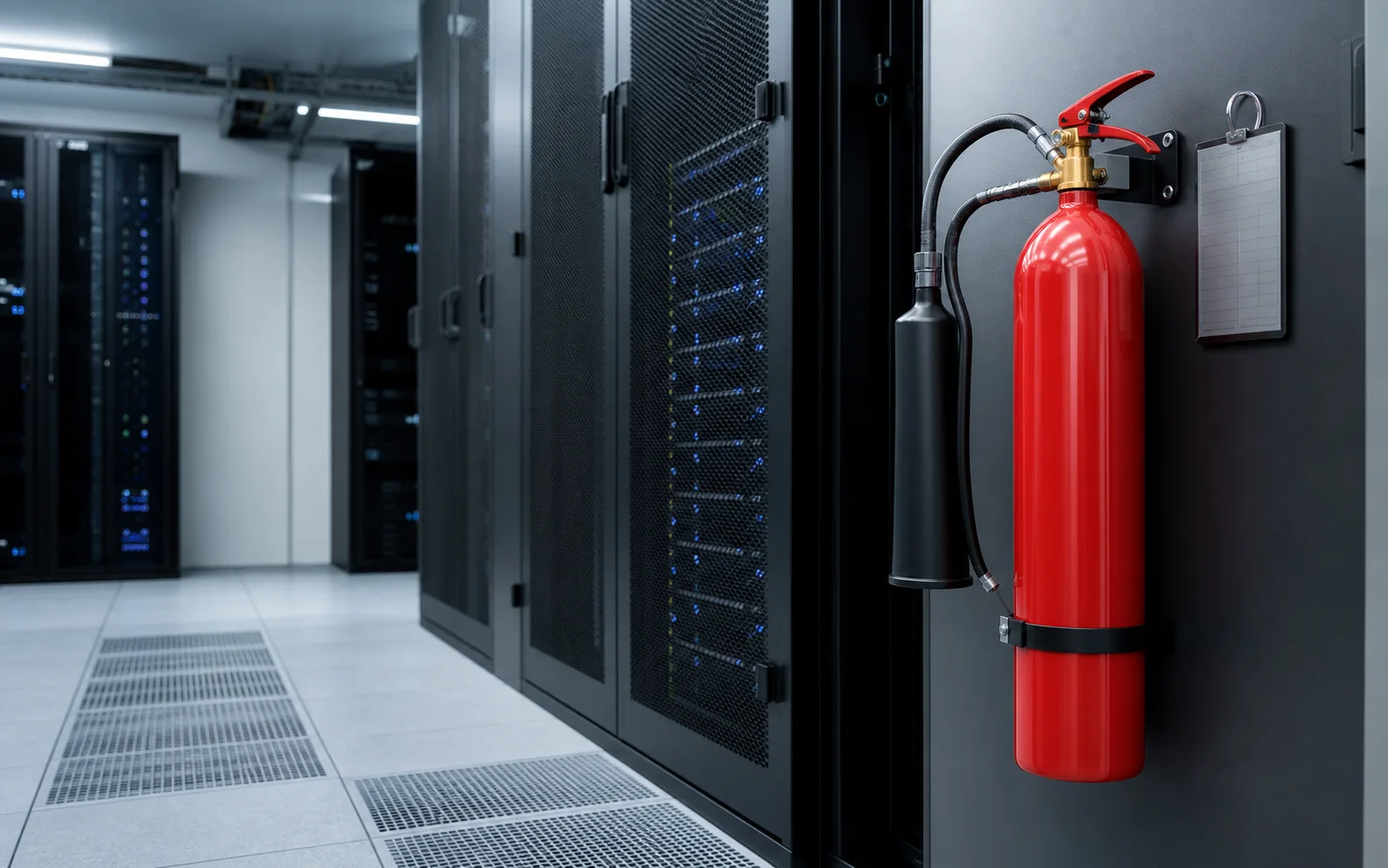CO2-Löscher in der Wandhalterung vor Serverschränken.