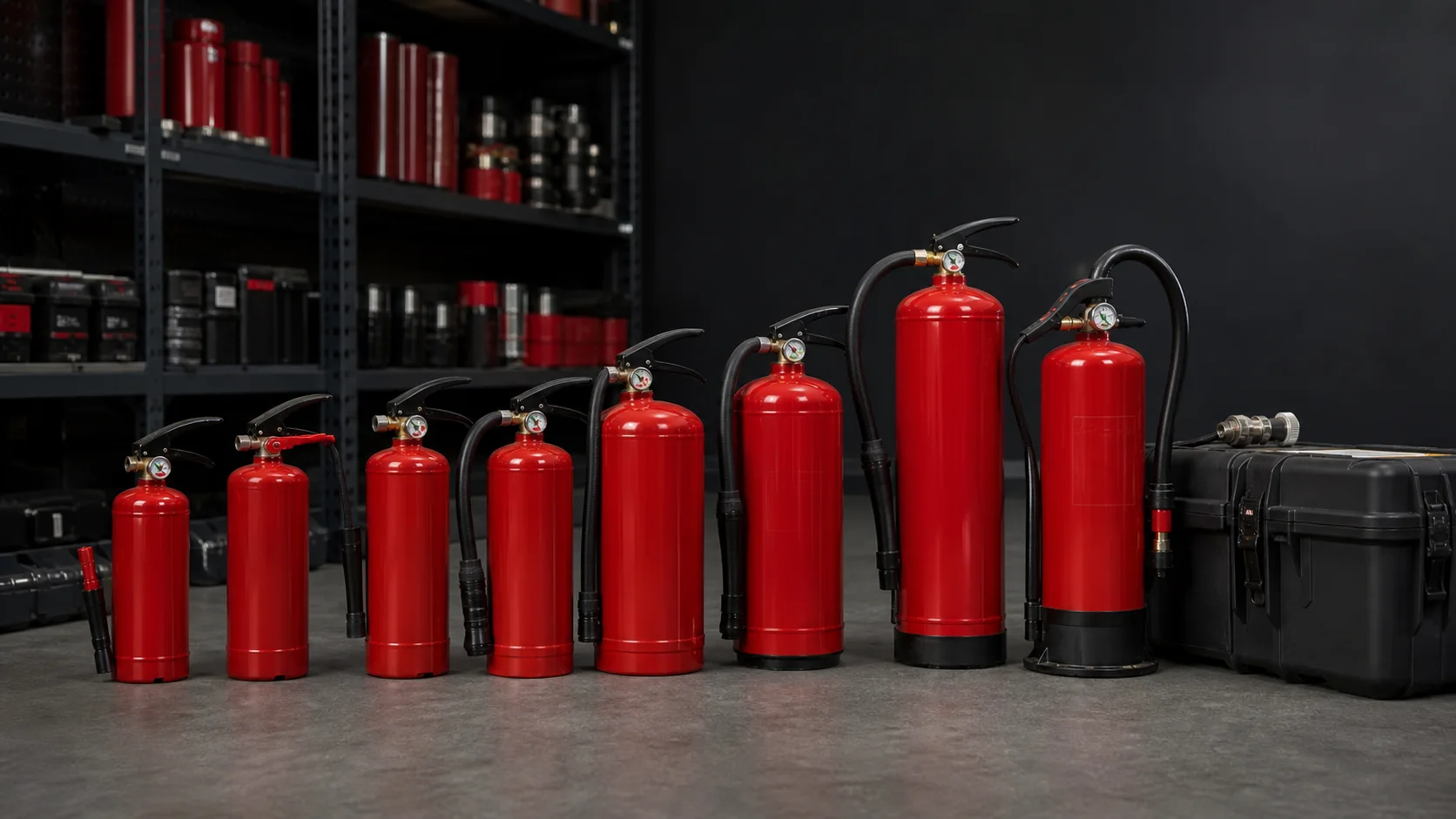 Verschiedene rote Feuerlöscher stehen sortiert in einer Werkstatt.