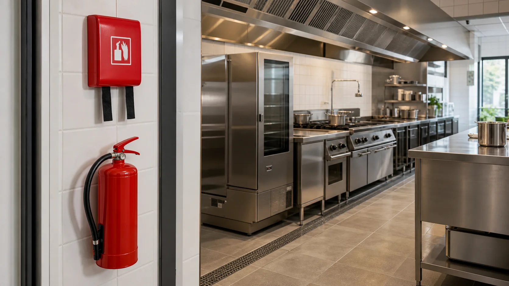 Feuerlöscher und Löschdecke am Eingang einer Gastronomieküche.
