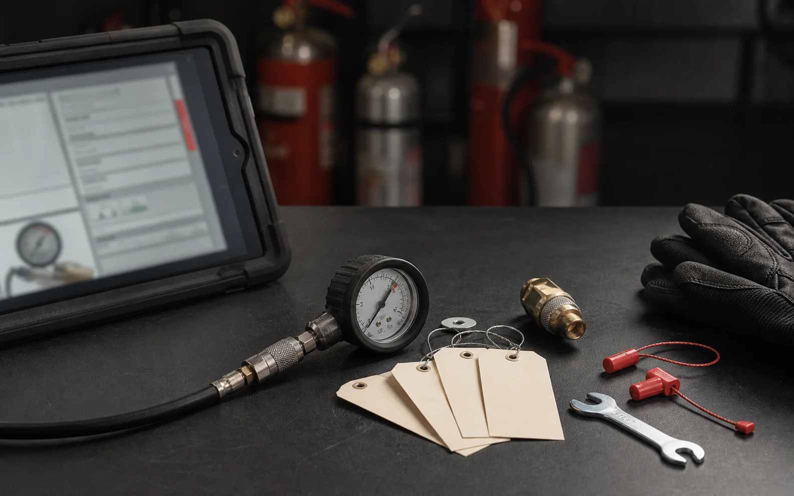 Prüfmanometer, Plomben, Anhänger und Tablet auf einer Werkbank.