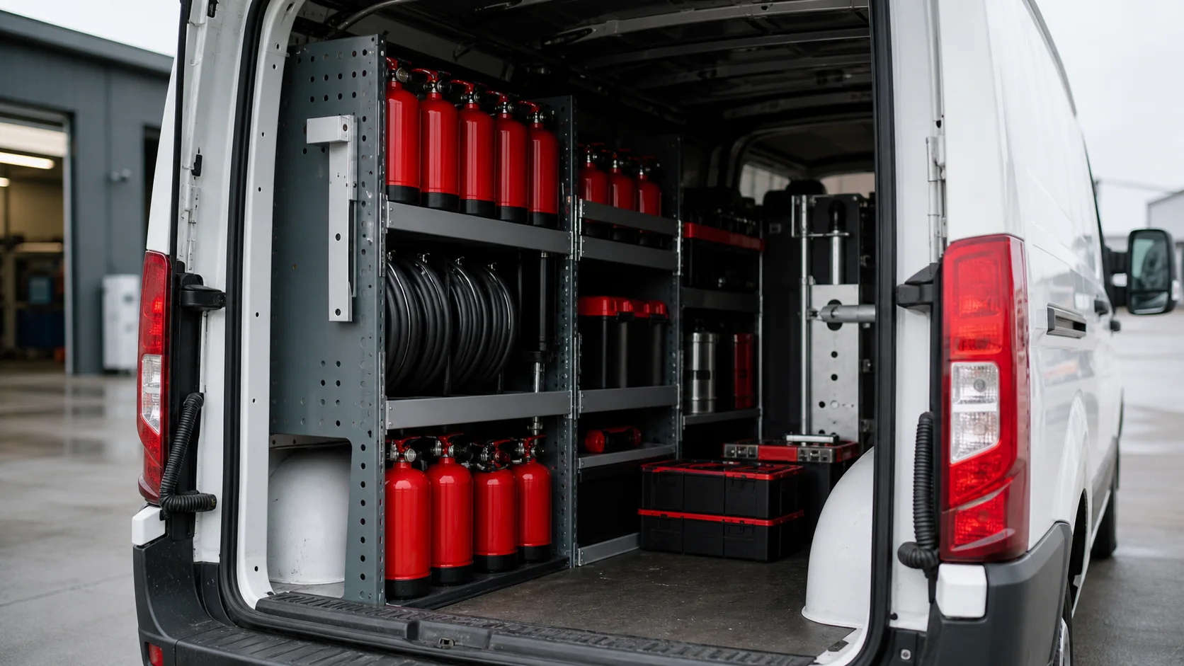 Beladenes Servicefahrzeug mit Feuerlöschern im Regal.