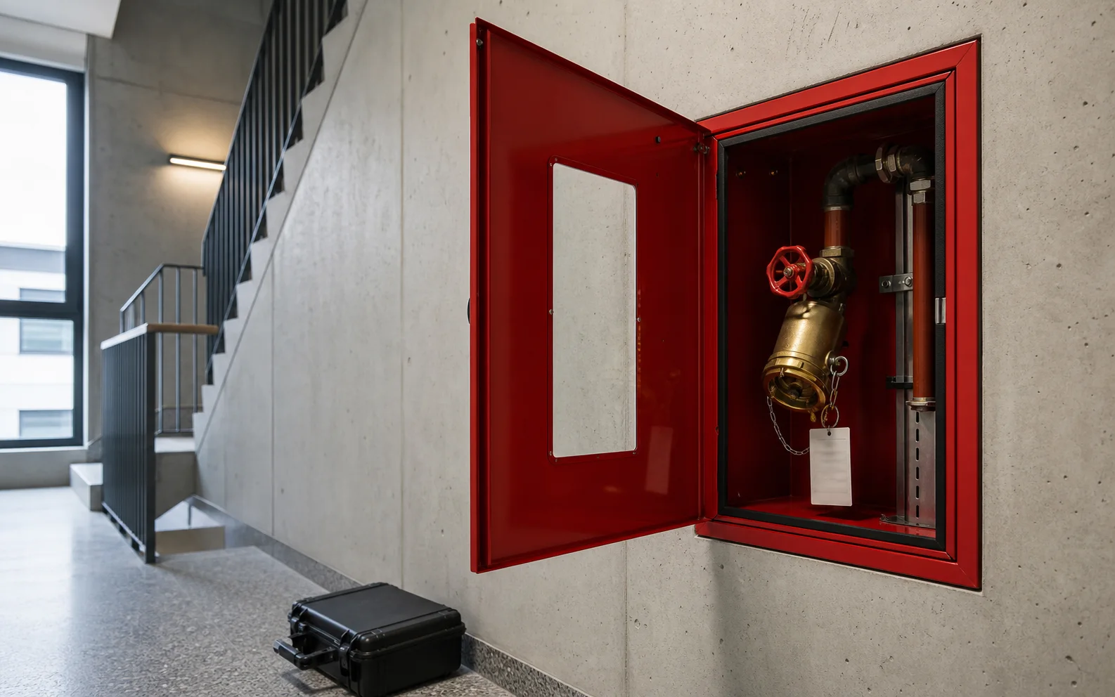 Anschlussschrank einer trockenen Steigleitung im Treppenhaus.