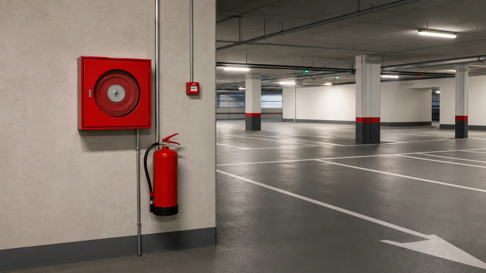 Wandhydrant und Feuerlöscher an einer Betonwand in einer Tiefgarage.