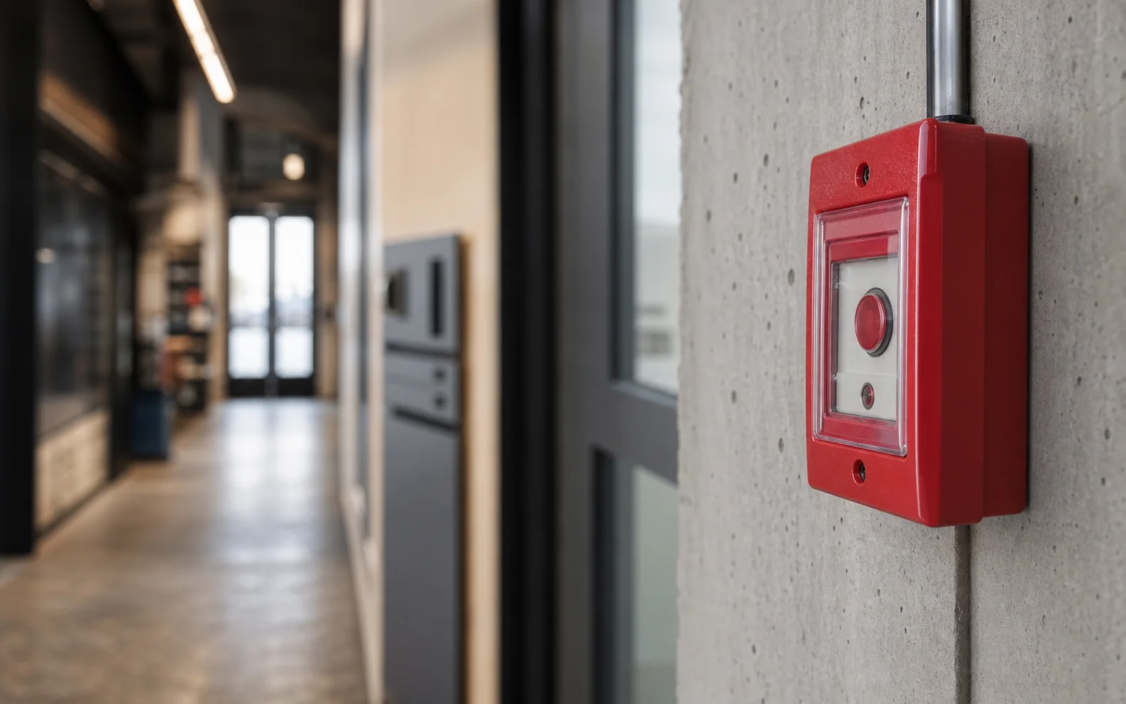 Roter Handfeuermelder an einer Betonwand in einem Bürogebäude.